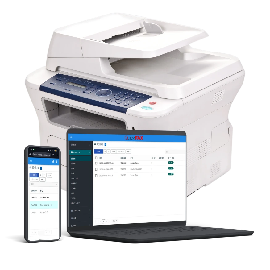 インターネットFAX「Quick FAX」の管理画面を表示したパソコン・スマートフォンと複合機